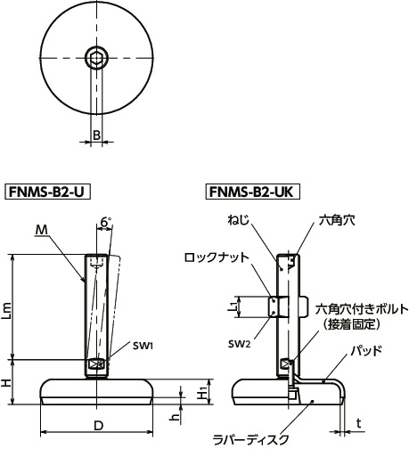 FNMS-B2-Uレベリングアジャスタ（おねじ） - 六角穴つき - ラバーディスク（白）つき寸法図