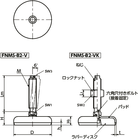 FNMS-B2-Vレベリングアジャスタ（おねじ） - 六角頭つき - ラバーディスク（白）つき寸法図