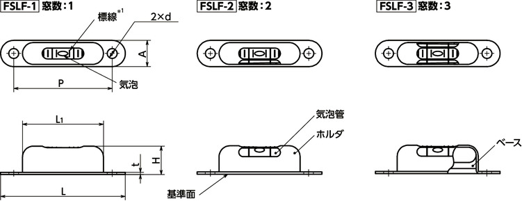 FSLFホルダつき一軸水平器-フランジつき寸法図