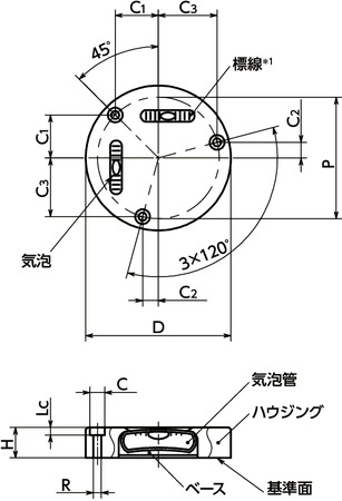 FSLHホルダつき二軸水平器寸法図