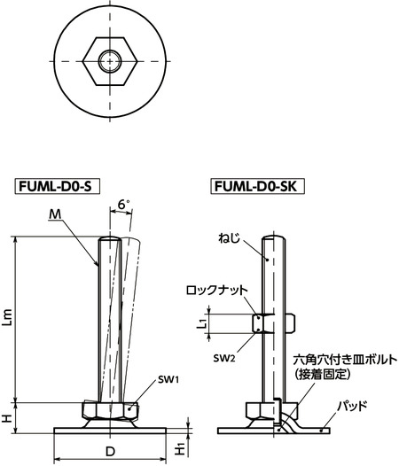 FUML-D0-Sレベリングアジャスタ（おねじ） - SUS316L - 六角調整寸法図