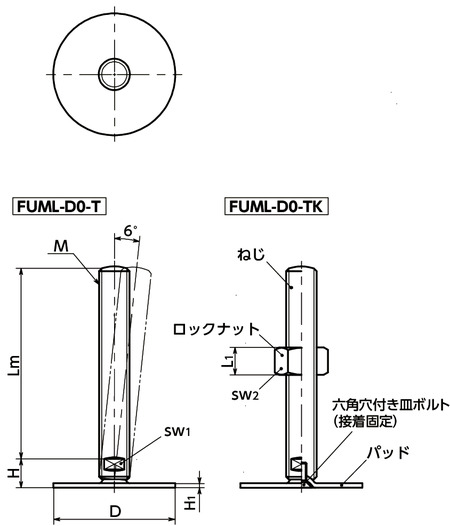 FUML-D0-Tレベリングアジャスタ（おねじ） - SUS316L - 二面幅調整寸法図