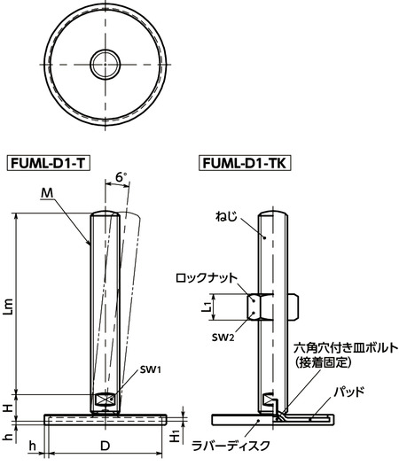 FUML-D1-Tレベリングアジャスタ（おねじ） - SUS316L - 二面幅調整 - ラバーディスクつき寸法図