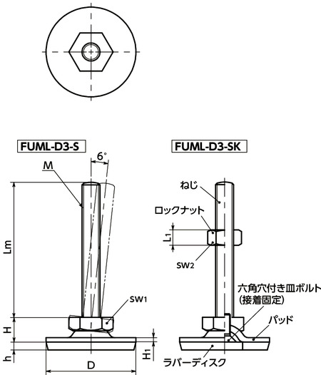 FUML-D3-Sレベリングアジャスタ（おねじ） - SUS316L - 六角調整 - ラバーディスクつき（接着）寸法図