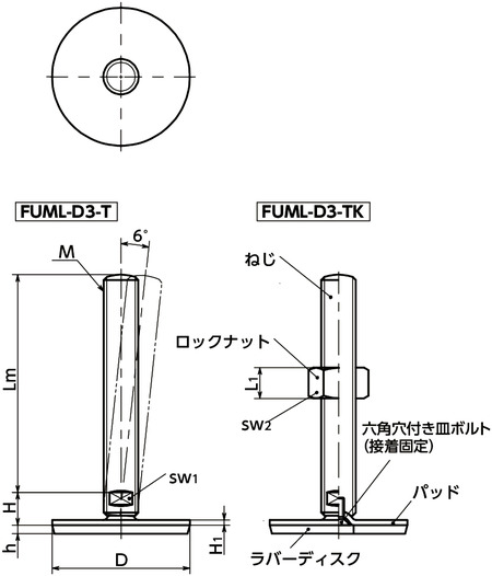 FUML-D3-Tレベリングアジャスタ（おねじ） - SUS316L - 二面幅調整 - ラバーディスクつき（接着）寸法図