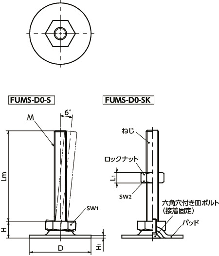 FUMS-D0-Sレベリングアジャスタ（おねじ） - 六角調整寸法図