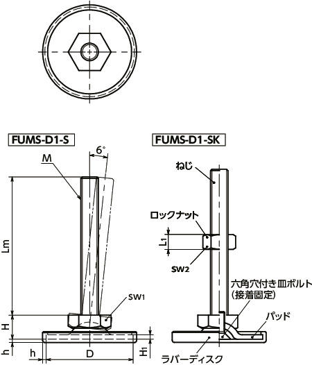 FUMS-D1-Sレベリングアジャスタ（おねじ） - 六角調整 - ラバーディスクつき寸法図