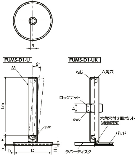 FUMS-D1-Uレベリングアジャスタ（おねじ） - 六角穴つき - ラバーディスクつき寸法図