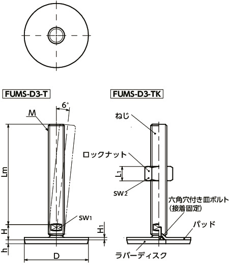 FUMS-D3-Tレベリングアジャスタ（おねじ） - 二面幅調整 - ラバーディスクつき（接着）寸法図