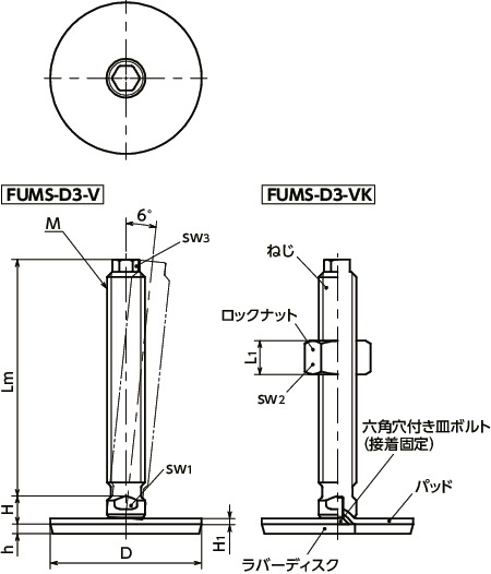 FUMS-D3-Vレベリングアジャスタ（おねじ） - 六角頭つき - ラバーディスクつき（接着）寸法図