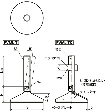 FVML-Tレベリングアジャスタ（おねじ） - 二面幅調整 - ラバーパッドつき寸法図
