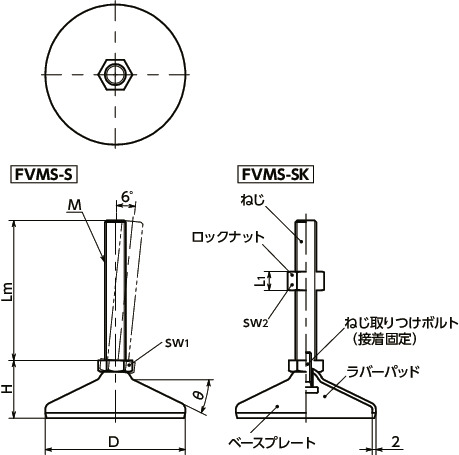 FVMS-Sレベリングアジャスタ（おねじ） - 六角調整 - ラバーパッドつき寸法図