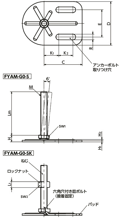 FYAM-G0-Sレベリングアジャスタ（おねじ）　-　アンカー固定タイプ　-　六角調整寸法図