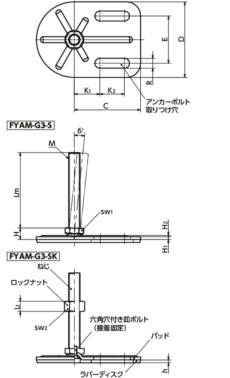 FYAM-G3-Sレベリングアジャスタ（おねじ）　-　アンカー固定タイプ　-　六角調整　-　ラバーディスクつき(接着)寸法図
