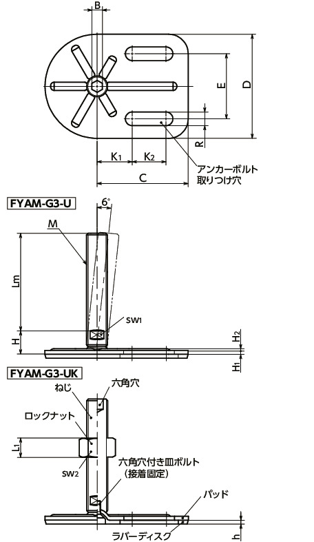 FYAM-G3-Uレベリングアジャスタ（おねじ）　-　アンカー固定タイプ　-　六角穴つき　-　ラバーディスクつき(接着)寸法図