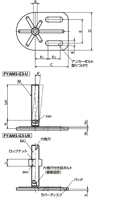 FYAMS-G3-Uレベリングアジャスタ（おねじ）　-　アンカー固定タイプ　-　六角穴つき　-　ラバーディスクつき(接着)寸法図
