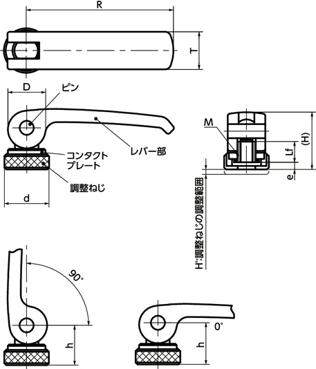LWAFS-ANIカムレバー（めねじ） - 調整タイプ - オールステンレス製寸法図