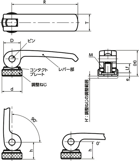 LWAFS-NIカムレバー（めねじ） - 調整タイプ - ステンレス製寸法図