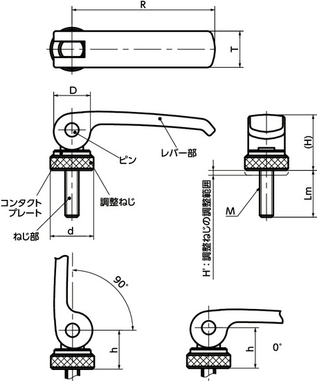 LWAMS-ANIカムレバー（おねじ） - 調整タイプ - オールステンレス製寸法図