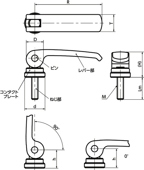 LWBMS-ANIカムレバー（おねじ） - 固定タイプ - オールステンレス製寸法図