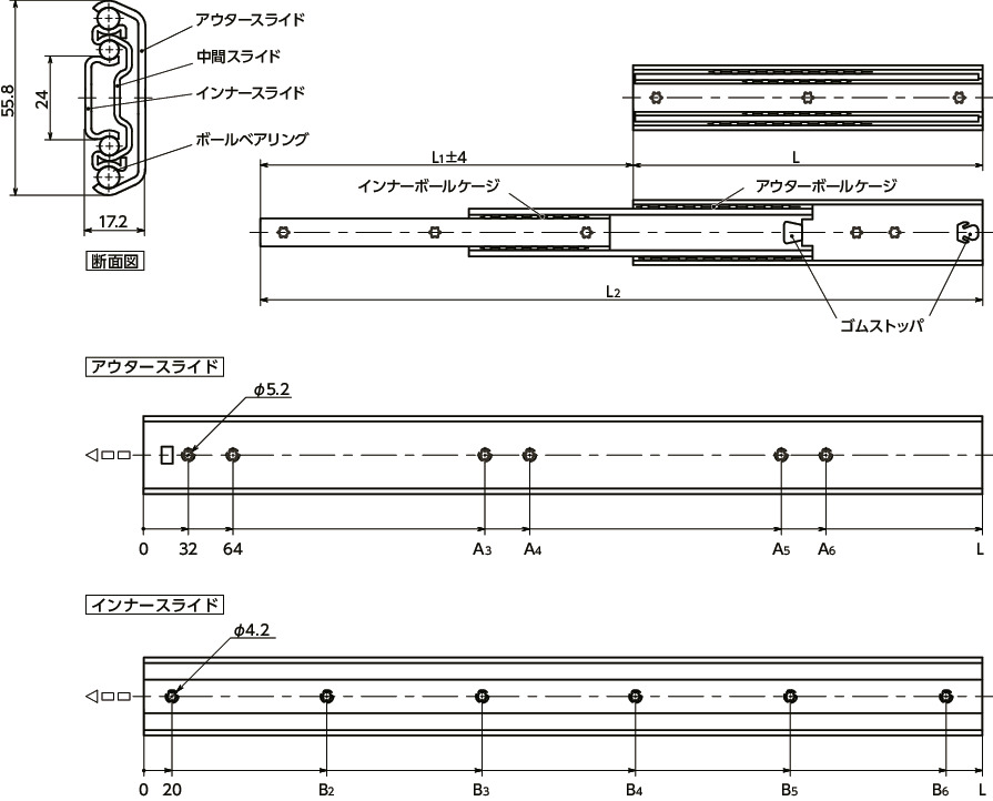 TSCA-800｜スライドレール - 3段引 L 800｜NBK【鍋屋バイテック会社】