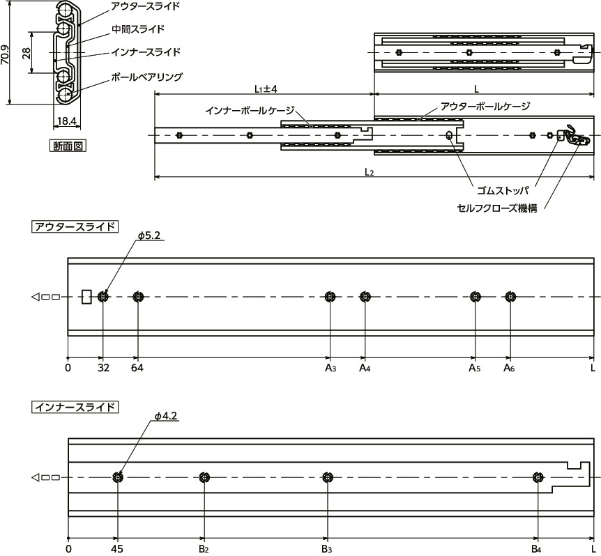 TSECスライドレール - 3段引 - セルフクローズ機構つき寸法図
