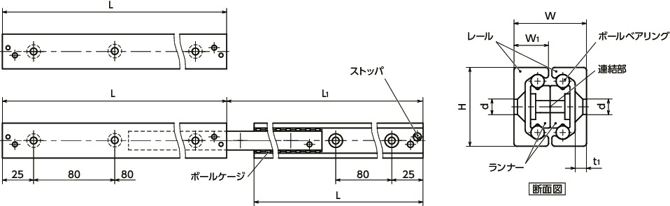 TSMリニアスライドレール - 伸縮式 - 水平取りつけ対応寸法図