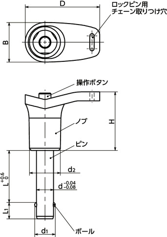 PDBLSボールロックピン - L字ノブタイプ寸法図