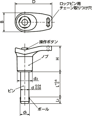 PDBLTボールロックピン - L字ノブタイプ寸法図