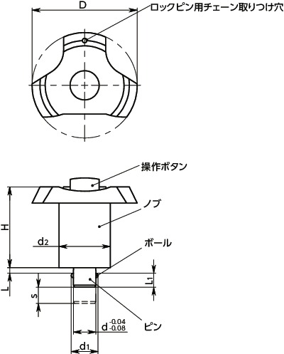 PTBLSボールロックピン - ストロークタイプ寸法図