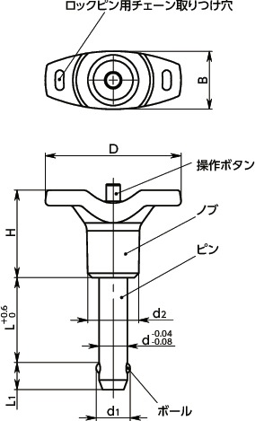 PWBLSボールロックピン - T字ノブタイプ寸法図