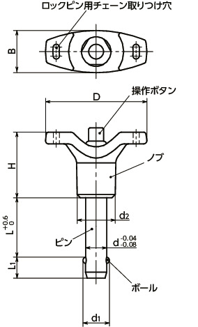 PWBLTボールロックピン - T字ノブタイプ寸法図