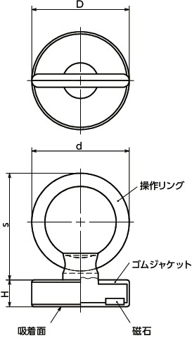 JRR-NDホルダつきマグネット - ゴムジャケットタイプ（操作リングつき）寸法図