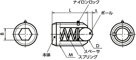 MPミニボールプランジャ - ナイロンロックつき寸法図