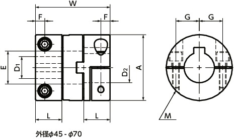MOM-CKフレキシブルカップリング - オルダムタイプ - クランピング＋キータイプ寸法図
