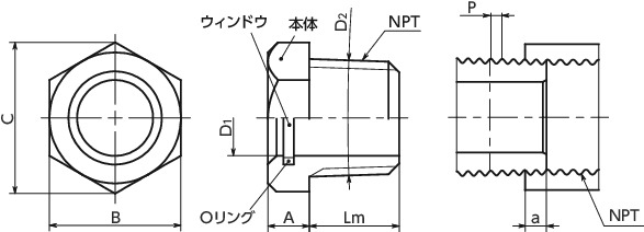 QLGMH-NPT-Bオイルレベルウィンドウ-テーパねじタイプ寸法図
