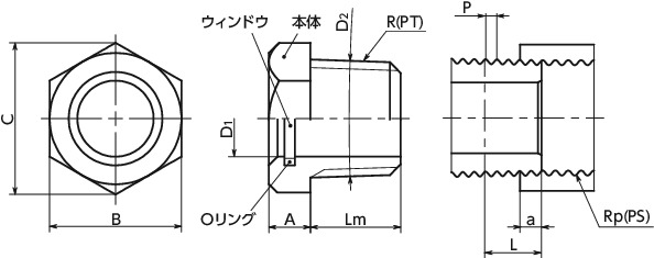 QLGMH-R-Bオイルレベルウィンドウ-テーパねじタイプ寸法図