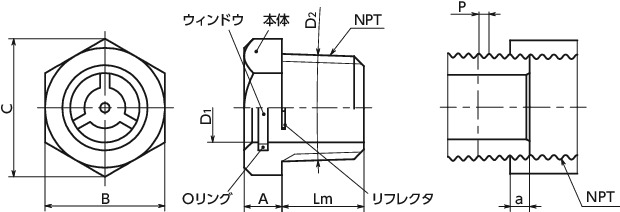 QLGML-NPT-Aオイルレベルウィンドウ-テーパねじタイプ寸法図