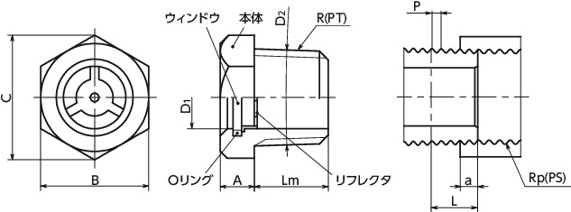 QLGML-R-Aオイルレベルウィンドウ-テーパねじタイプ寸法図