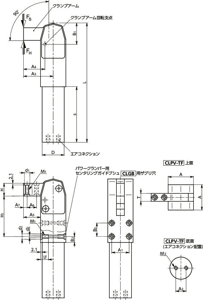 CLPV-TFパワークランパー - 空気圧クランプ式 - 垂直クランプ - PTFEコーティング寸法図