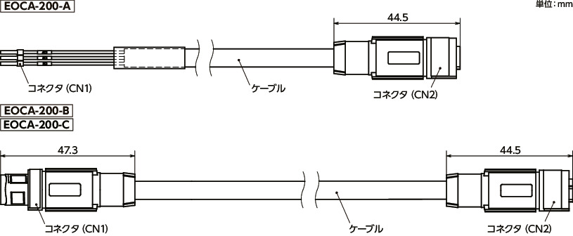 EOCA-200リピータハブ用ケーブル寸法図