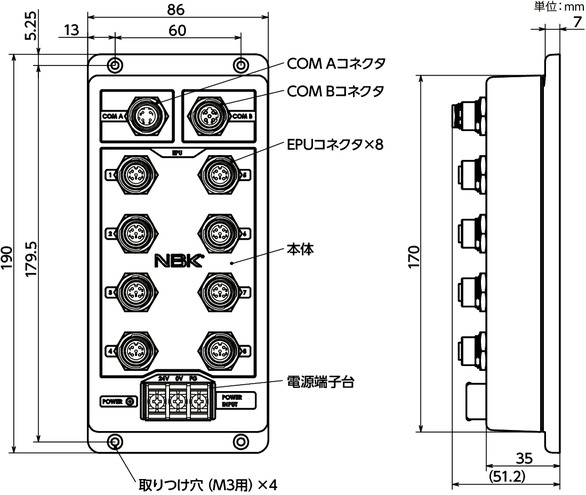 EORP-200リピータハブ寸法図