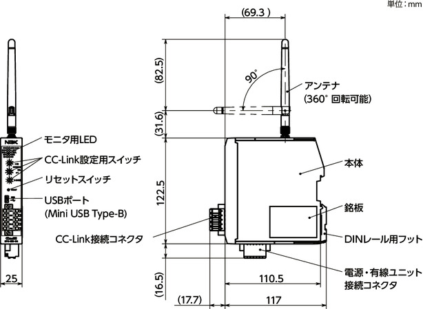 EPC-200-CC送受信機 - CC-Link対応寸法図