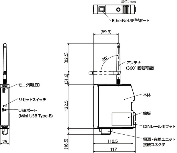 EPC-210-EIP送受信機 - EtherNet/IP<sup>TM</sup>対応寸法図