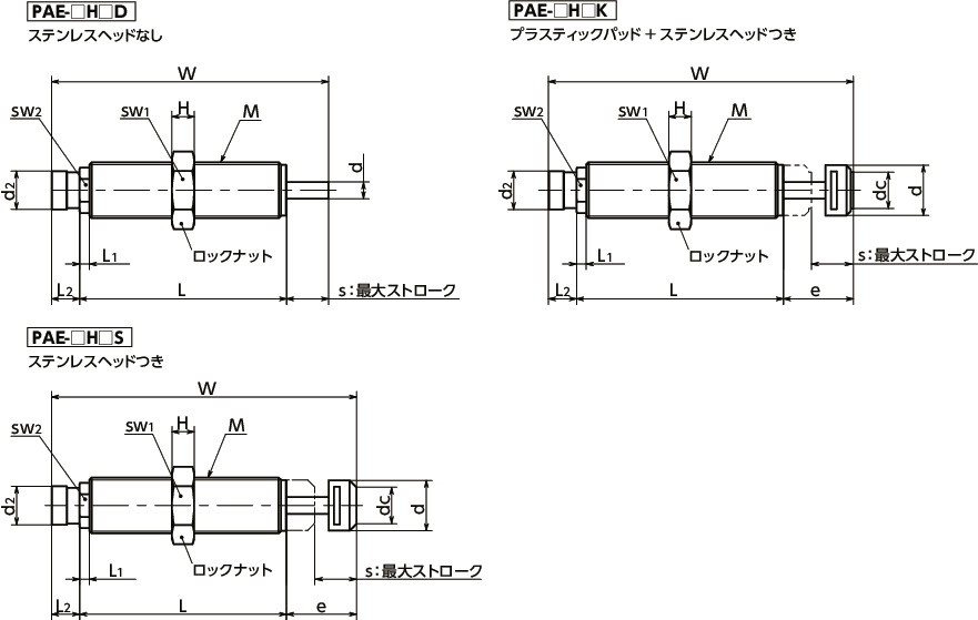 PAE高性能ショックアブソーバ（パワーストップ） - 調整式タイプ寸法図