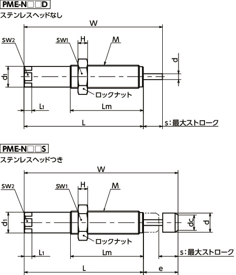PME高性能ショックアブソーバ（パワーストップ） - 小径タイプ 寸法図