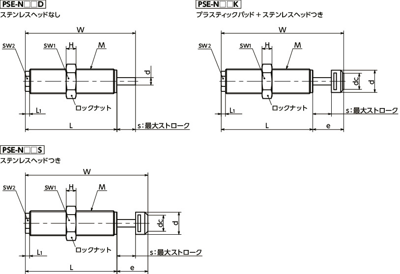 PSE高性能ショックアブソーバ（パワーストップ） - 標準タイプ 寸法図