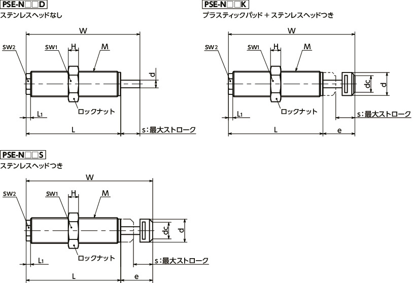 PSE高性能ショックアブソーバ（パワーストップ） - 標準タイプ寸法図