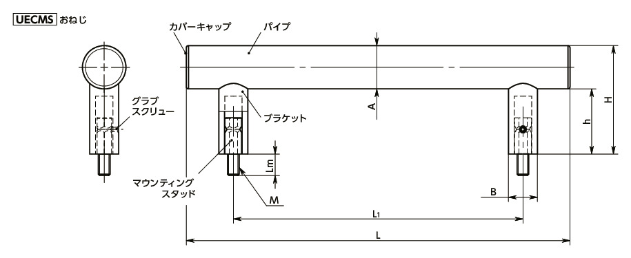 UECMSステンレスチューブラ取っ手 寸法図
