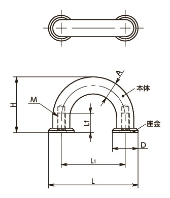 UFFスティールフィンガーU取っ手 - 座金つき寸法図